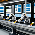 **

A modern, clean smart factory with advanced robotic arms working on an assembly line. Show HMI touch screens displaying real-time production data. Integrate IoT sensors on machinery, with data flowing to a central SCADA system visualized on a large screen in the background. The scene should convey efficiency, precision, and data-driven control.

**