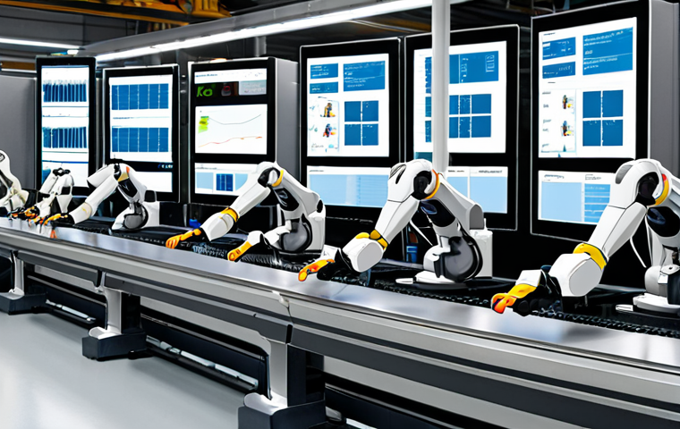 **

A modern, clean smart factory with advanced robotic arms working on an assembly line. Show HMI touch screens displaying real-time production data. Integrate IoT sensors on machinery, with data flowing to a central SCADA system visualized on a large screen in the background. The scene should convey efficiency, precision, and data-driven control.

**