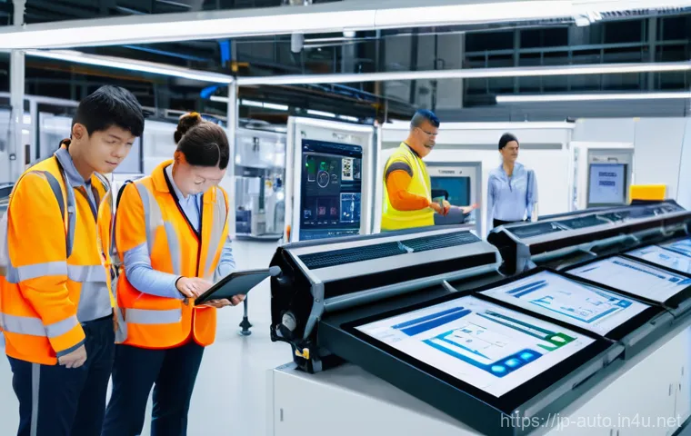 공장자동화 설비 설치 과정 - **Prompt: Harmonious Automation**
    A bright, clean, and highly organized modern factory floor, ba...