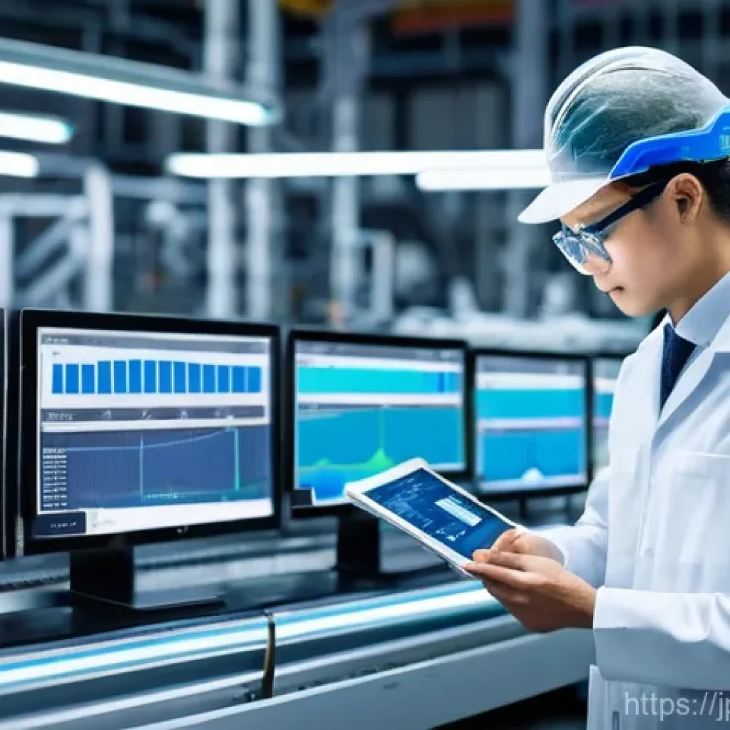스마트 팩토리와 디지털 전환 - **Prompt 1: Data Visualization in a Smart Factory**
    A brightly lit, modern smart factory interio...