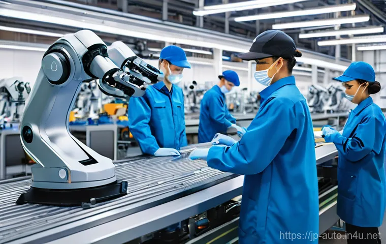 공장자동화 컨설팅 사례 - **Prompt 1: Collaborative Efficiency in a Modern Assembly Line**
    "A brightly lit, clean, and mod...