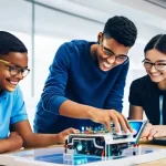 산업용 로봇 프로그래밍 입문 - **Prompt 1: The Excitement of Beginning Robot Programming**
    A group of diverse students, aged 15...