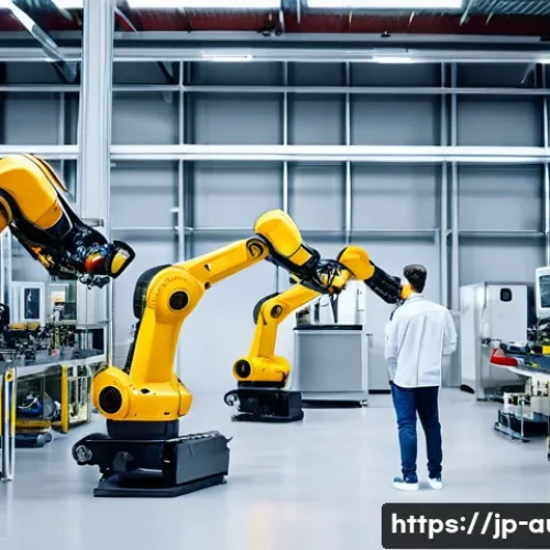 산업용 로봇의 경제적 이점 - **Prompt:** A clean, brightly lit modern factory floor where advanced industrial robots are performi...