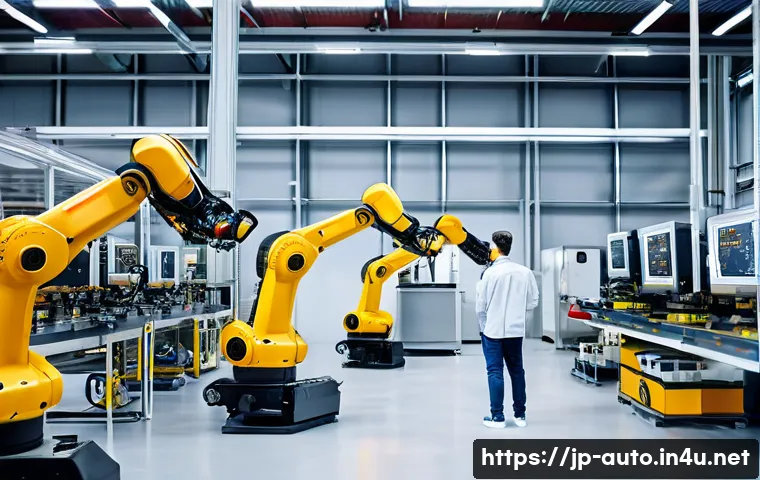 산업용 로봇의 경제적 이점 - **Prompt:** A clean, brightly lit modern factory floor where advanced industrial robots are performi...