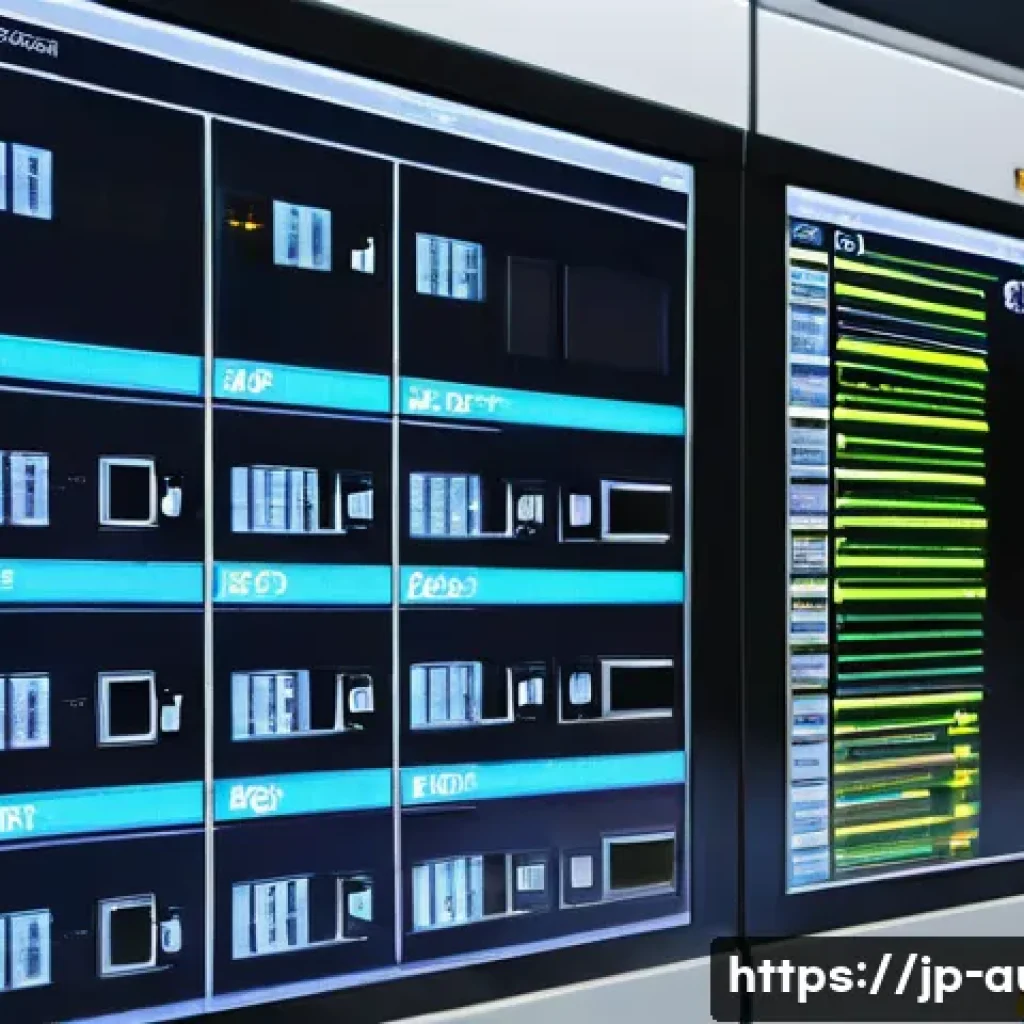 PLC 학습에 유용한 온라인 강좌 - A detailed, modern Japanese factory control room featuring a sleek PLC (Programmable Logic Controlle...