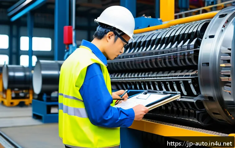 공장자동화 설비 유지보수 사례 - A detailed industrial factory scene showing a skilled maintenance worker in modern workwear carefull...