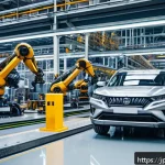 산업용 로봇과 협동 로봇 차이점 - A modern Japanese automotive factory interior featuring large industrial robots performing precise w...