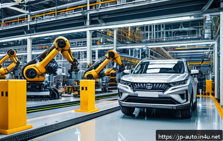 산업용 로봇과 협동 로봇 차이점 - A modern Japanese automotive factory interior featuring large industrial robots performing precise w...
