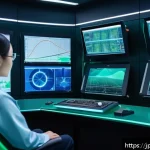 모터 드라이브 제어 이론 - A futuristic industrial control room filled with multiple motor drive systems integrated with AI tec...