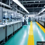 공장자동화 소프트웨어 시장 분석 - A futuristic Japanese factory interior showcasing advanced AI-driven production lines with sleek rob...