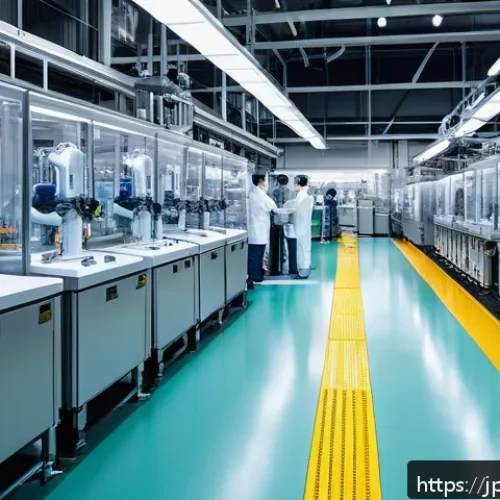 공장자동화 소프트웨어 시장 분석 - A futuristic Japanese factory interior showcasing advanced AI-driven production lines with sleek rob...