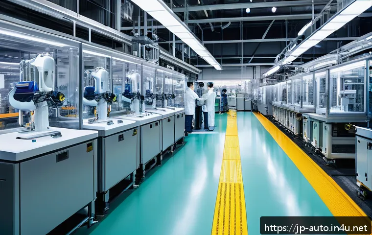 공장자동화 소프트웨어 시장 분석 - A futuristic Japanese factory interior showcasing advanced AI-driven production lines with sleek rob...