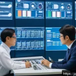 공장자동화 관련 추천 서적 - A modern factory automation control room featuring engineers in casual business attire working on pr...