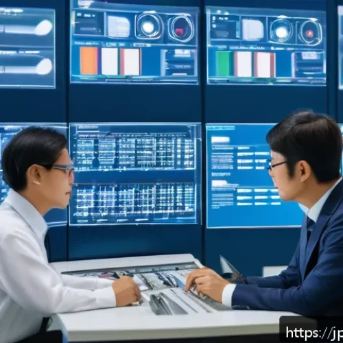 공장자동화 관련 추천 서적 - A modern factory automation control room featuring engineers in casual business attire working on pr...