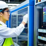 공장자동화 엔지니어 이직 준비 - A modern Japanese factory automation engineer working attentively on a Mitsubishi PLC control panel,...