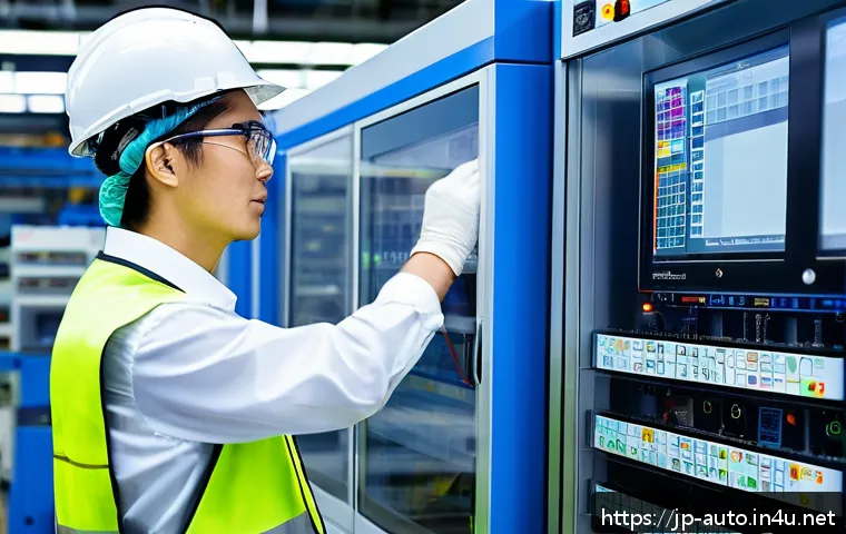 공장자동화 엔지니어 이직 준비 - A modern Japanese factory automation engineer working attentively on a Mitsubishi PLC control panel,...