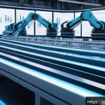 자동화 설비 테스트 및 검증 - A highly detailed digital twin simulation scene of an advanced automated manufacturing line inside a...