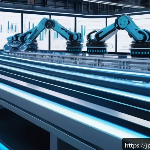 자동화 설비 테스트 및 검증 - A highly detailed digital twin simulation scene of an advanced automated manufacturing line inside a...
