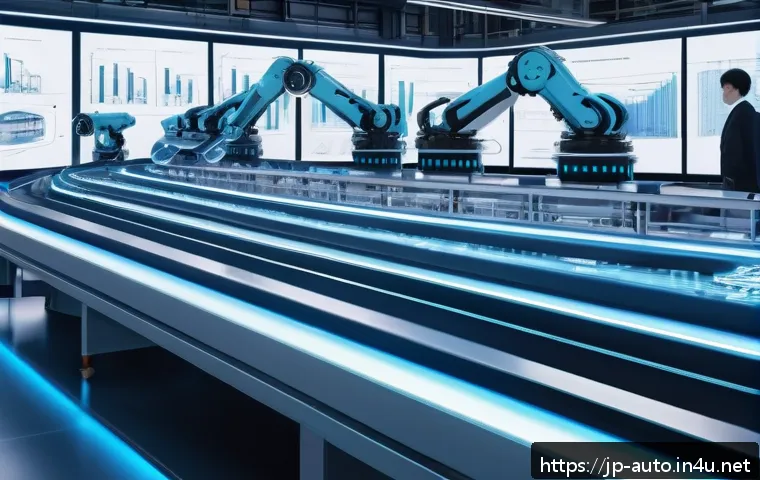 자동화 설비 테스트 및 검증 - A highly detailed digital twin simulation scene of an advanced automated manufacturing line inside a...