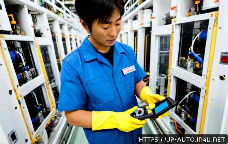 공장자동화 시스템의 고장 예방 - Photorealistic modern Japanese factory automation line, skilled maintenance technician in clean safe...