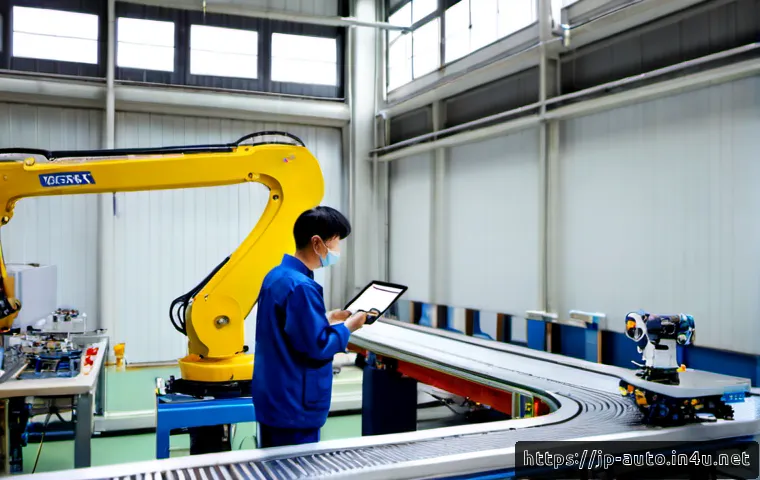 공장자동화 솔루션 도입 사례 - Photorealistic modern Japanese manufacturing plant implementing factory automation, a middle-aged Ja...