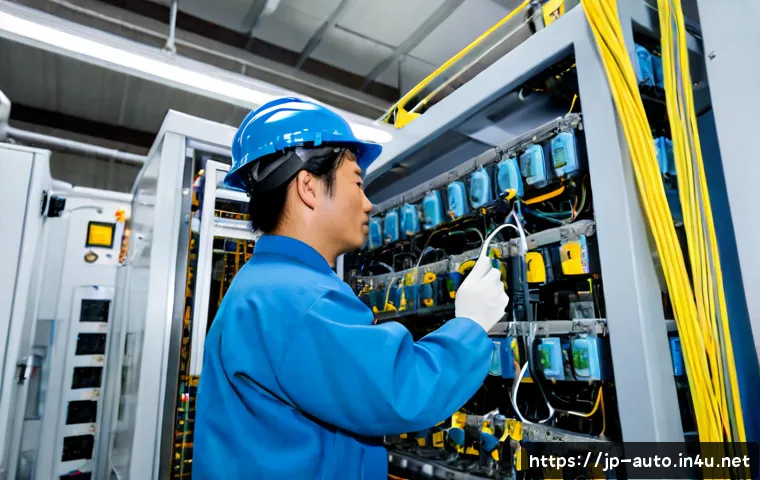 공장자동화 유지보수 전문가의 팁 - Photorealistic Japanese factory automation maintenance technician in clean safety uniform and helmet...