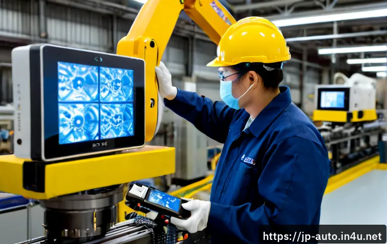 자동화 설비 진단 방법 - Photorealistic Japanese industrial maintenance technician in clean safety workwear using a handheld ...