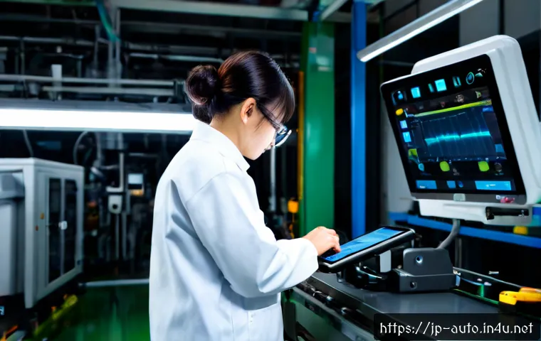 공장자동화와 AI 기반 분석 - Photorealistic Japanese smart factory interior, a technician in clean workwear using a tablet beside...